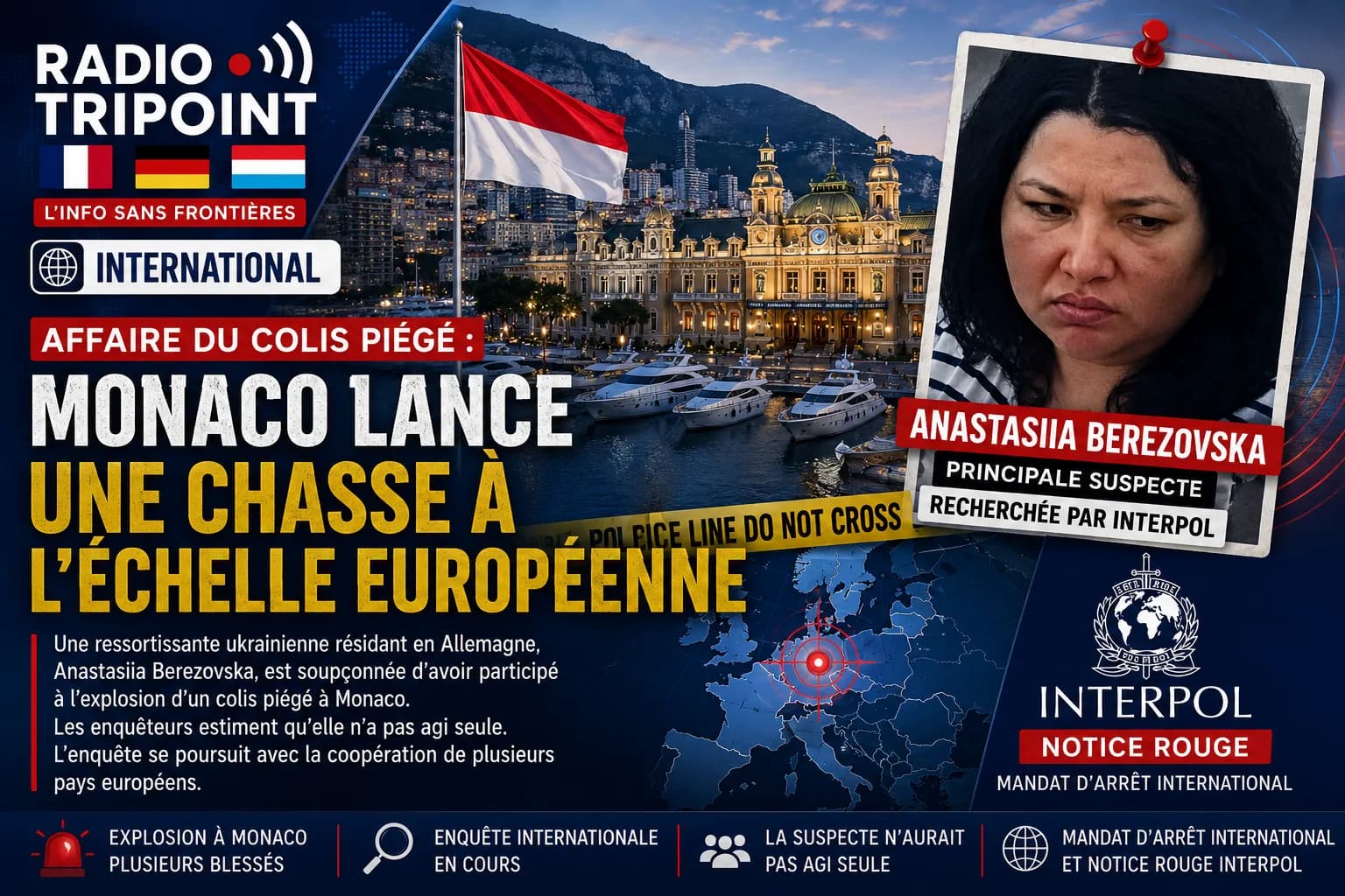 Visuel « Monaco lance une chasse à l'échelle européenne » : un port avec des yachts, un drapeau monégasque et une photo de femme épinglée.