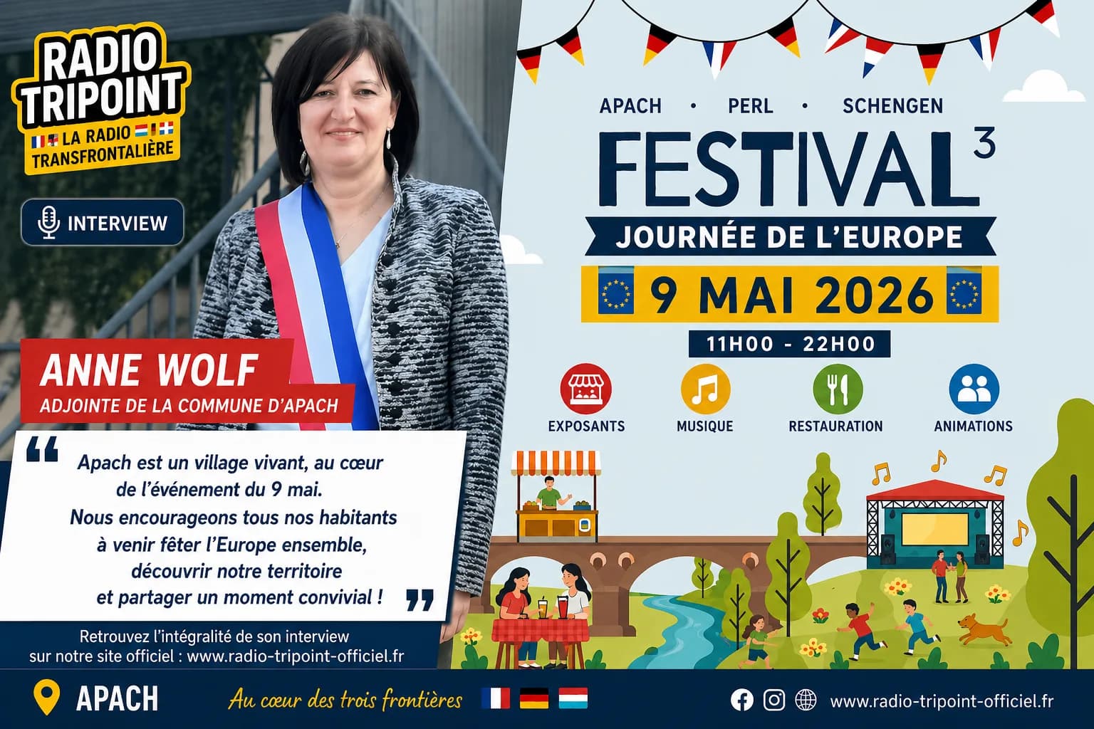 Visuel « Festival 3, Journée de l'Europe, 9 mai 2026 » avec une femme portant une écharpe tricolore et une citation d'interview.