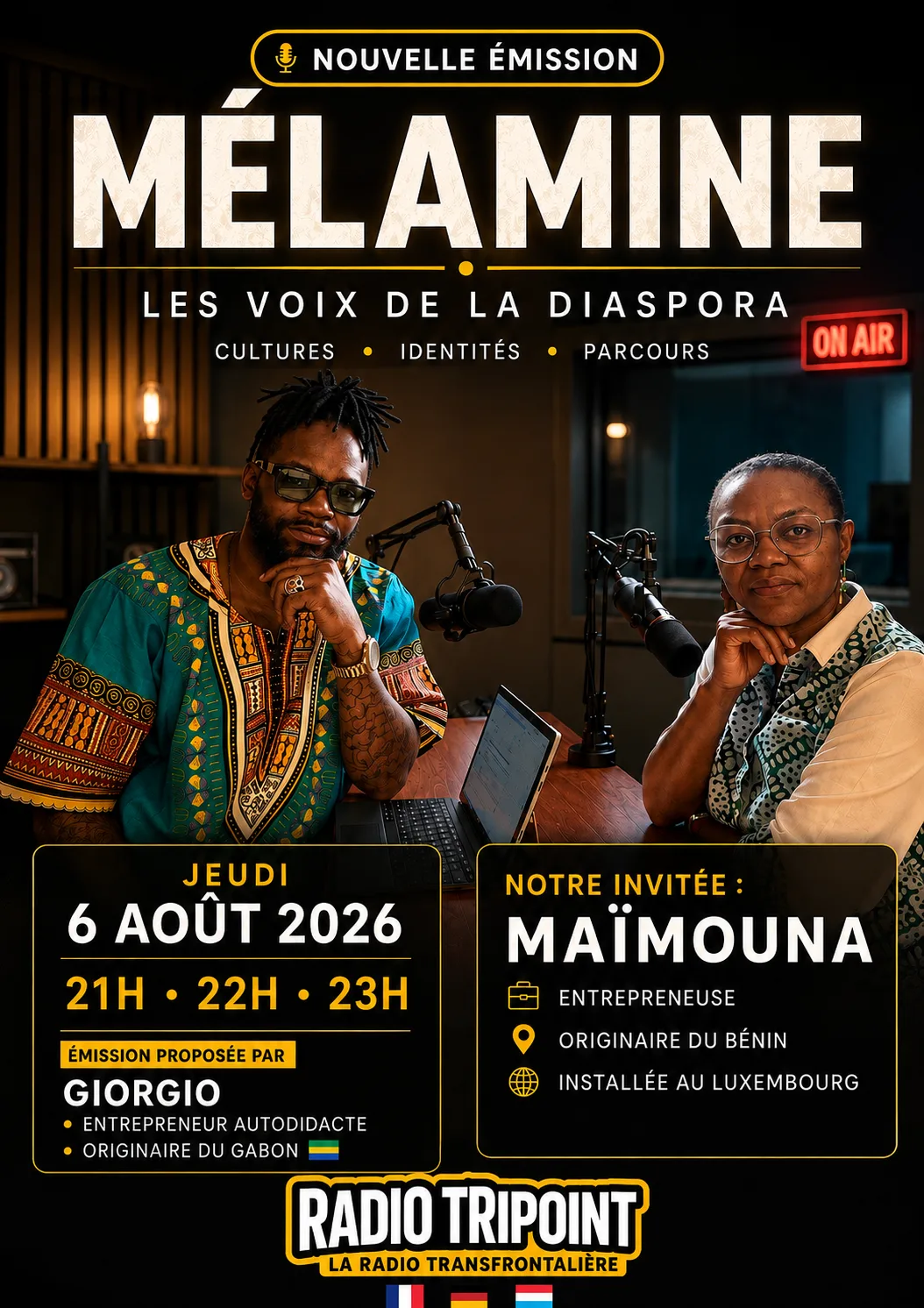 Affiche de l'émission « Mélamine, les voix de la diaspora », jeudi 6 août 2026 : un homme et une femme devant des micros.