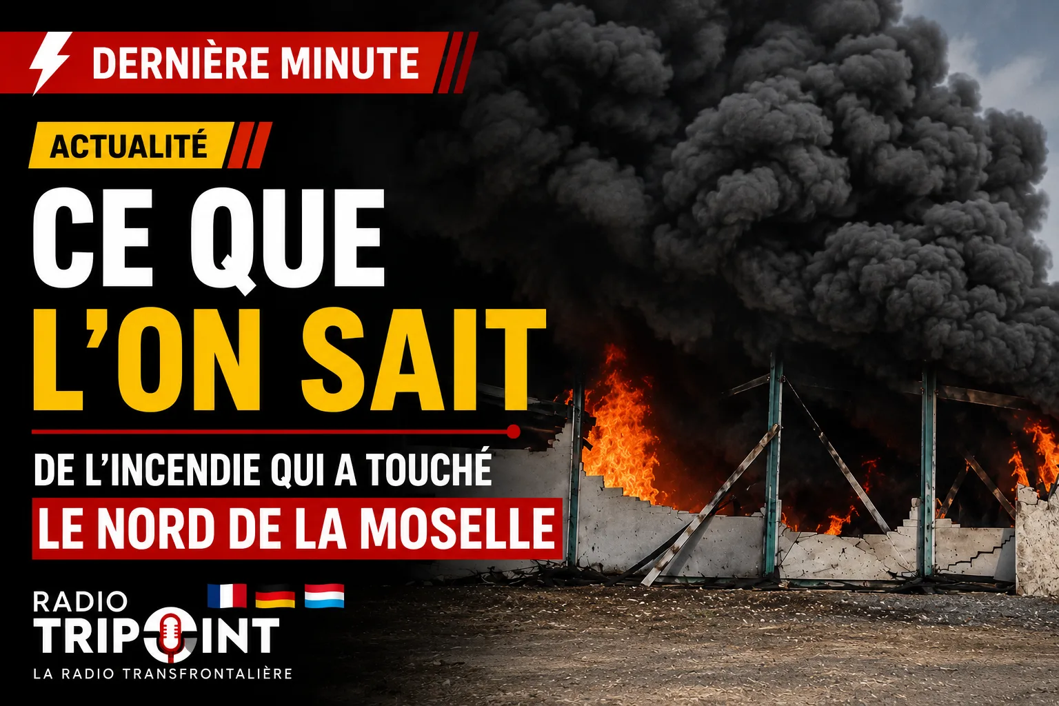 Visuel « Ce que l'on sait de l'incendie qui a touché le nord de la Moselle » : un bâtiment en flammes sous une épaisse fumée noire.