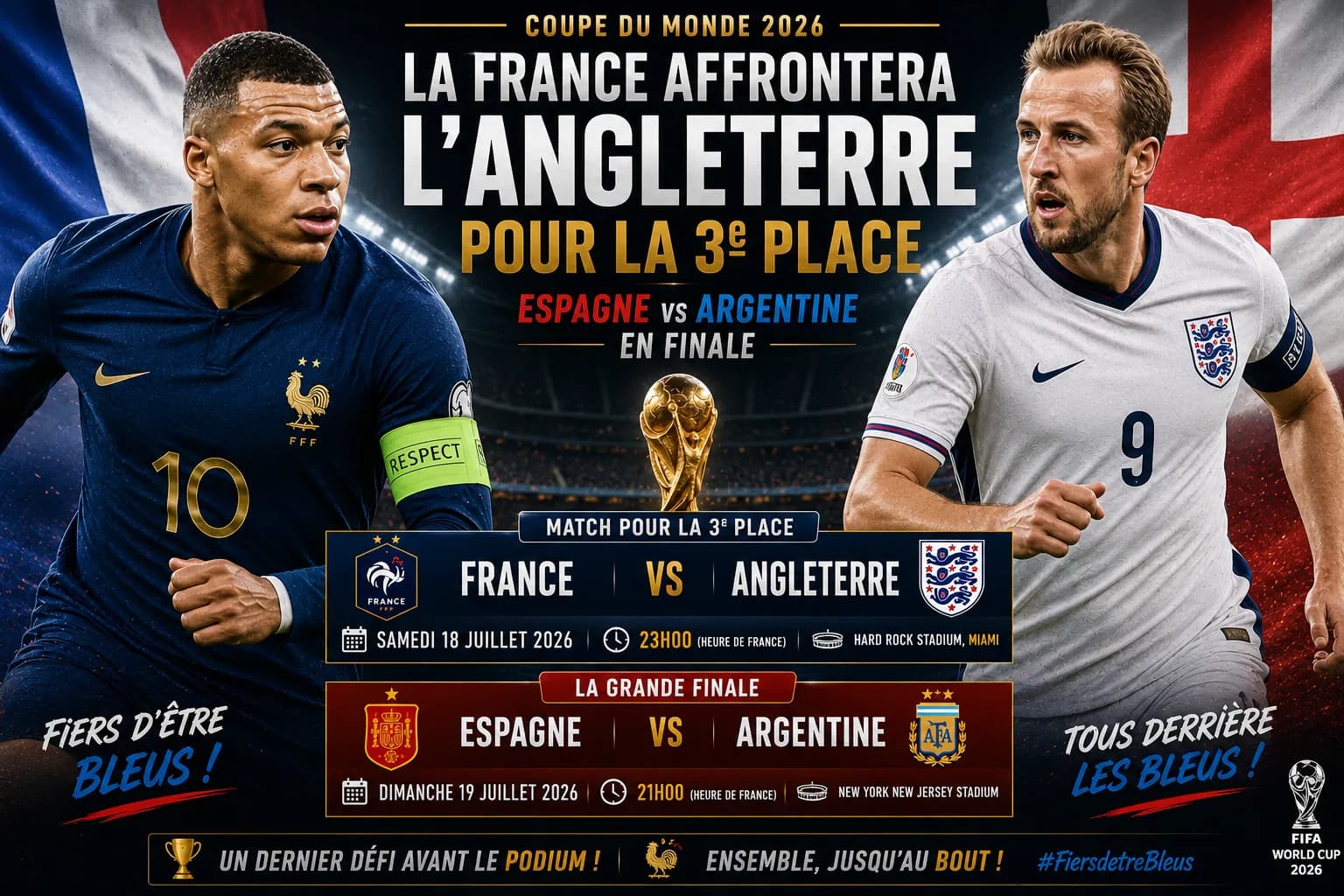Visuel « La France affrontera l'Angleterre pour la 3e place » : deux footballeurs, en maillot bleu et en maillot blanc, et le programme des matchs.
