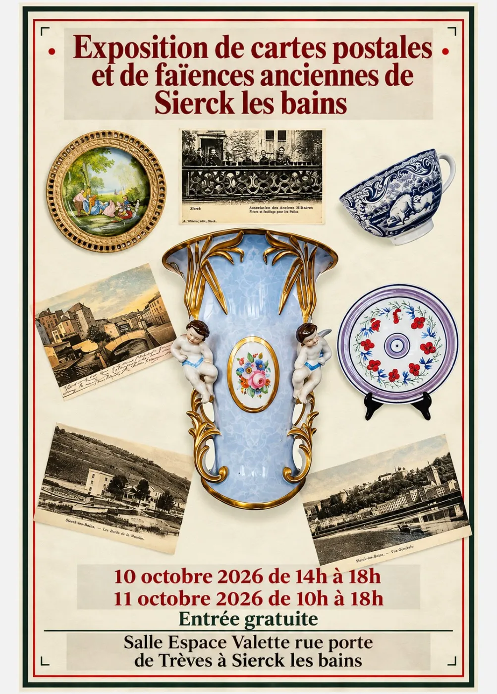 Affiche de l'exposition de cartes postales et de faïences anciennes de Sierck-les-Bains : un vase à angelots, des assiettes, une tasse et d'anciennes cartes postales de la ville. 10 octobre 2026 de 14 h à 18 h, 11 octobre de 10 h à 18 h, entrée gratuite, salle Espace Valette.