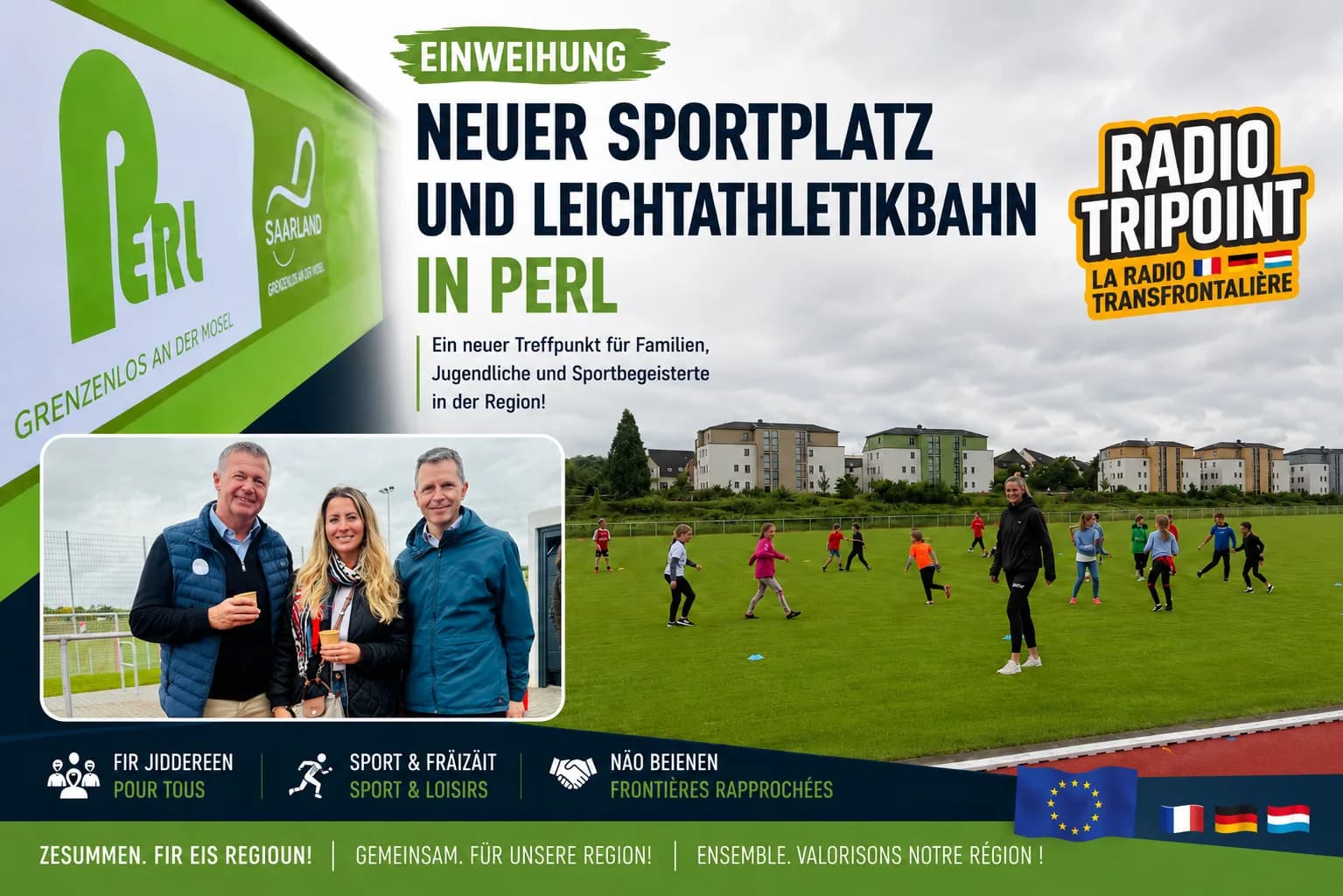 Visuel en allemand « Neuer Sportplatz und Leichtathletikbahn in Perl » : trois personnes posent devant un terrain où jouent des enfants.