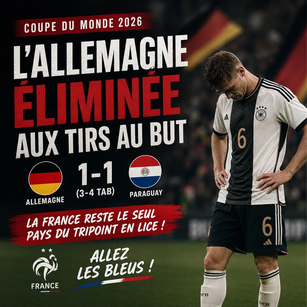 Visuel « L'Allemagne éliminée aux tirs au but » : un footballeur en maillot blanc, tête baissée, et le score Allemagne 1, Paraguay 1.