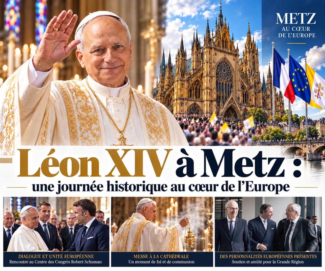 Visuel « Léon XIV à Metz » : un pape en habit blanc salue devant une cathédrale gothique et des drapeaux, avec trois vignettes de rencontres officielles.