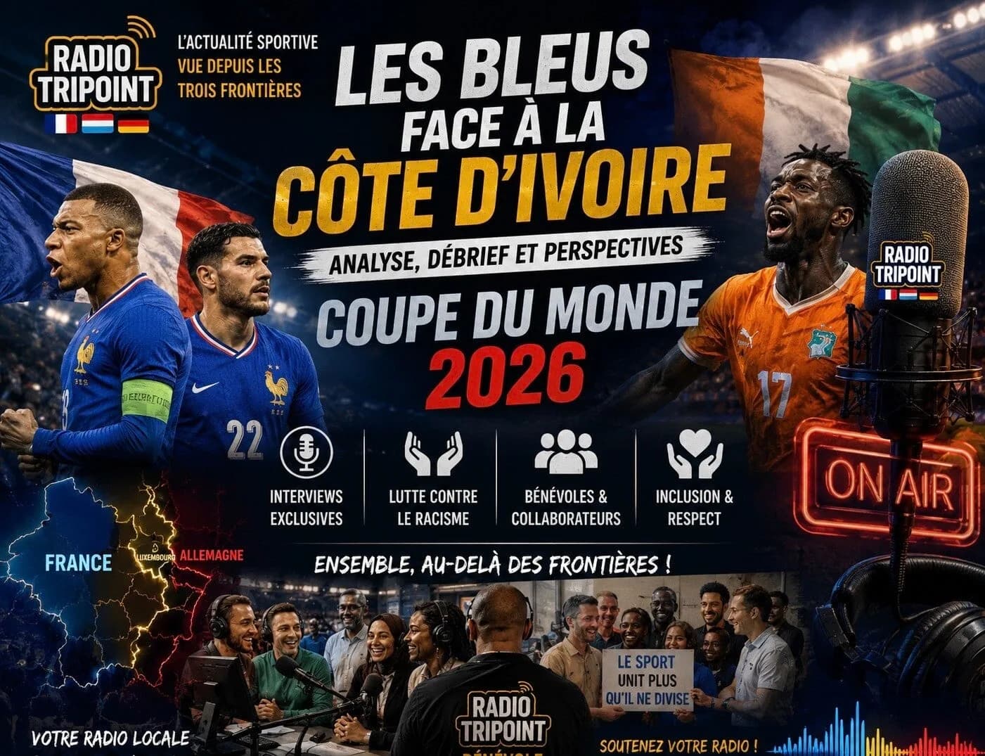 Visuel « Les Bleus face à la Côte d'Ivoire » : des footballeurs en maillot bleu et en maillot orange, et un groupe de supporters.