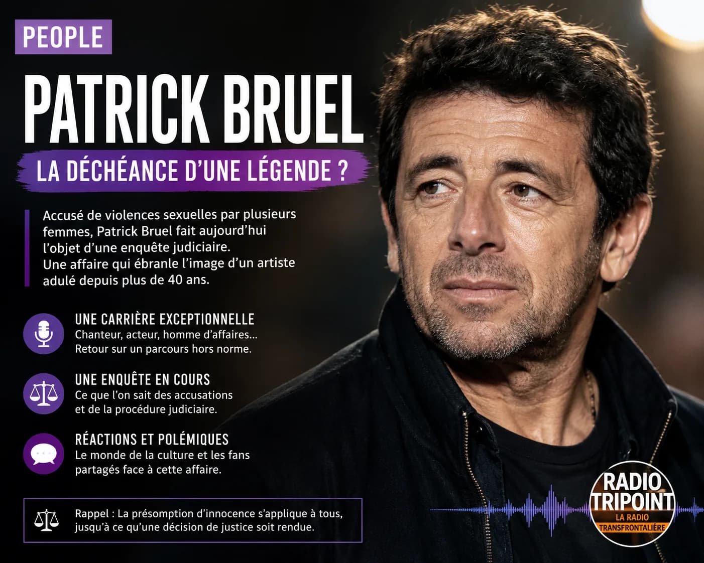 Visuel « Patrick Bruel : la déchéance d'une légende ? » : portrait d'un homme aux cheveux bruns et au visage grave.