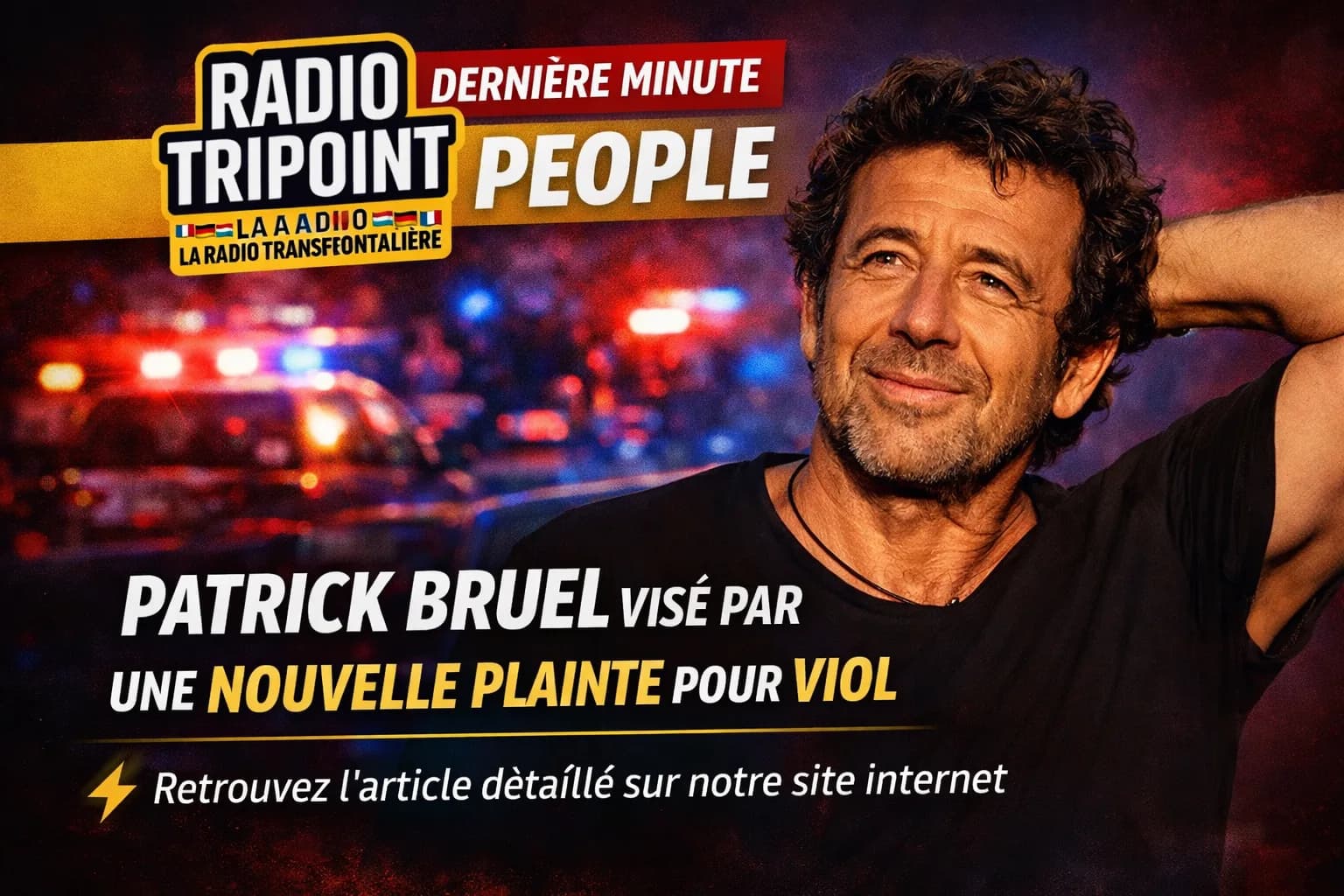 Visuel « Patrick Bruel visé par une nouvelle plainte pour viol » : un homme souriant, la main derrière la tête, devant des gyrophares.