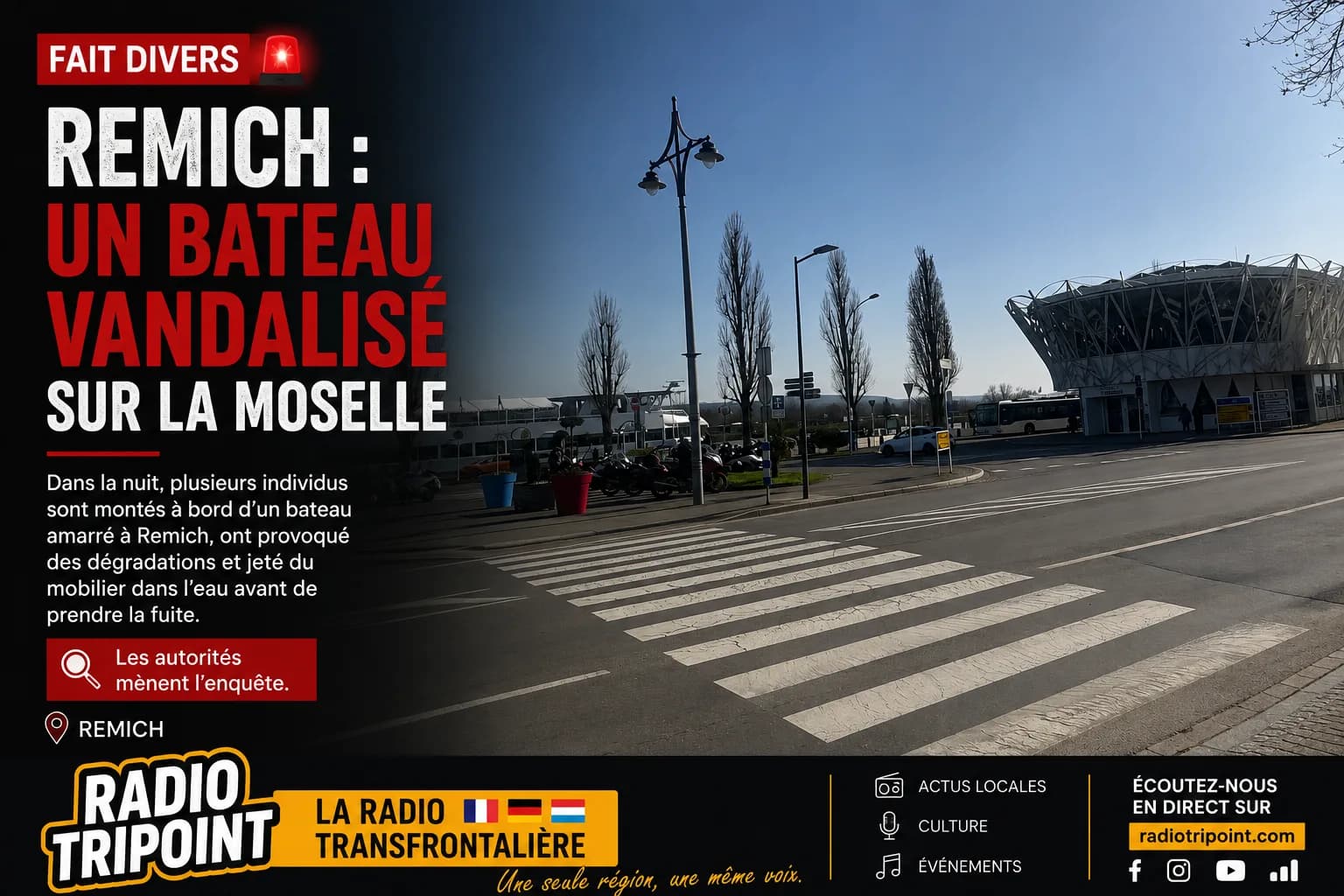Visuel « Remich : un bateau vandalisé sur la Moselle » : un quai vide de nuit, avec un passage piéton et des lampadaires.