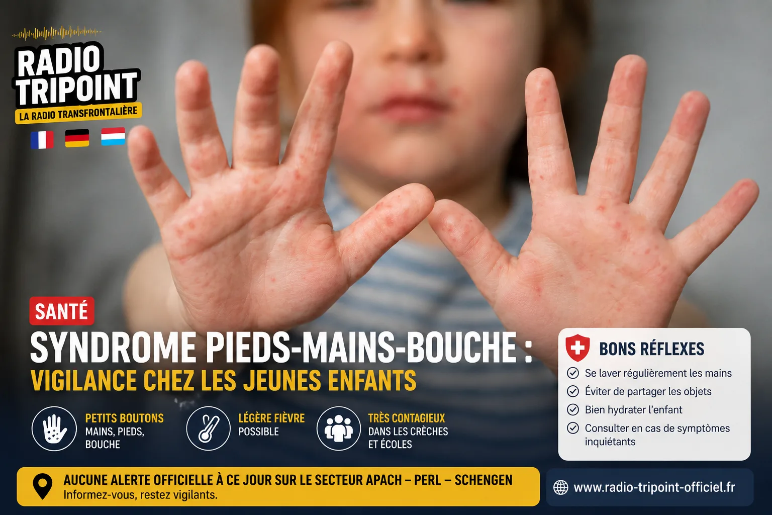 Visuel « Syndrome pieds-mains-bouche : vigilance chez les jeunes enfants » : un enfant montre ses mains couvertes de petits boutons.