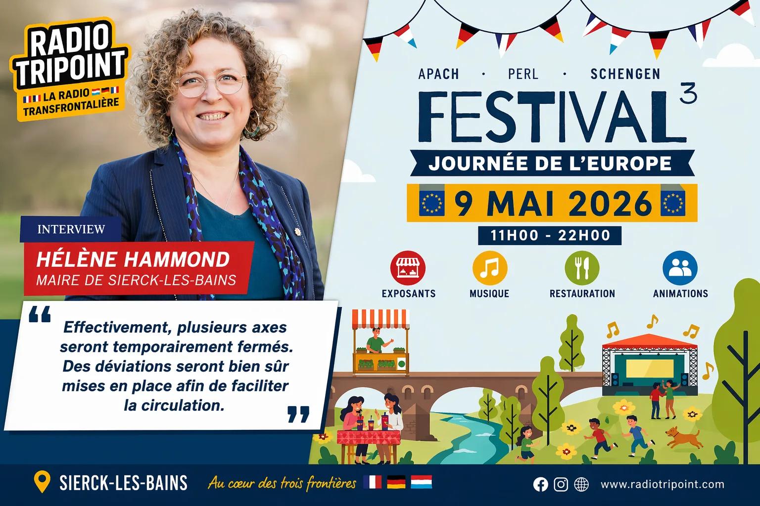 Visuel « Festival 3, Journée de l'Europe, 9 mai 2026 » avec une femme souriante et une citation sur les fermetures de routes.