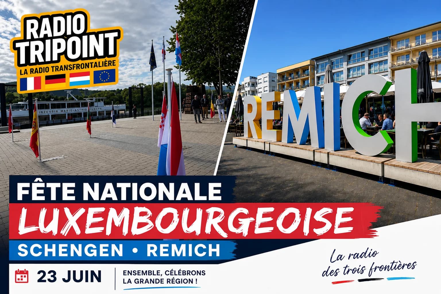 Visuel « Fête nationale luxembourgeoise, Schengen et Remich, 23 juin » : des drapeaux sur un quai et de grandes lettres « Remich ».