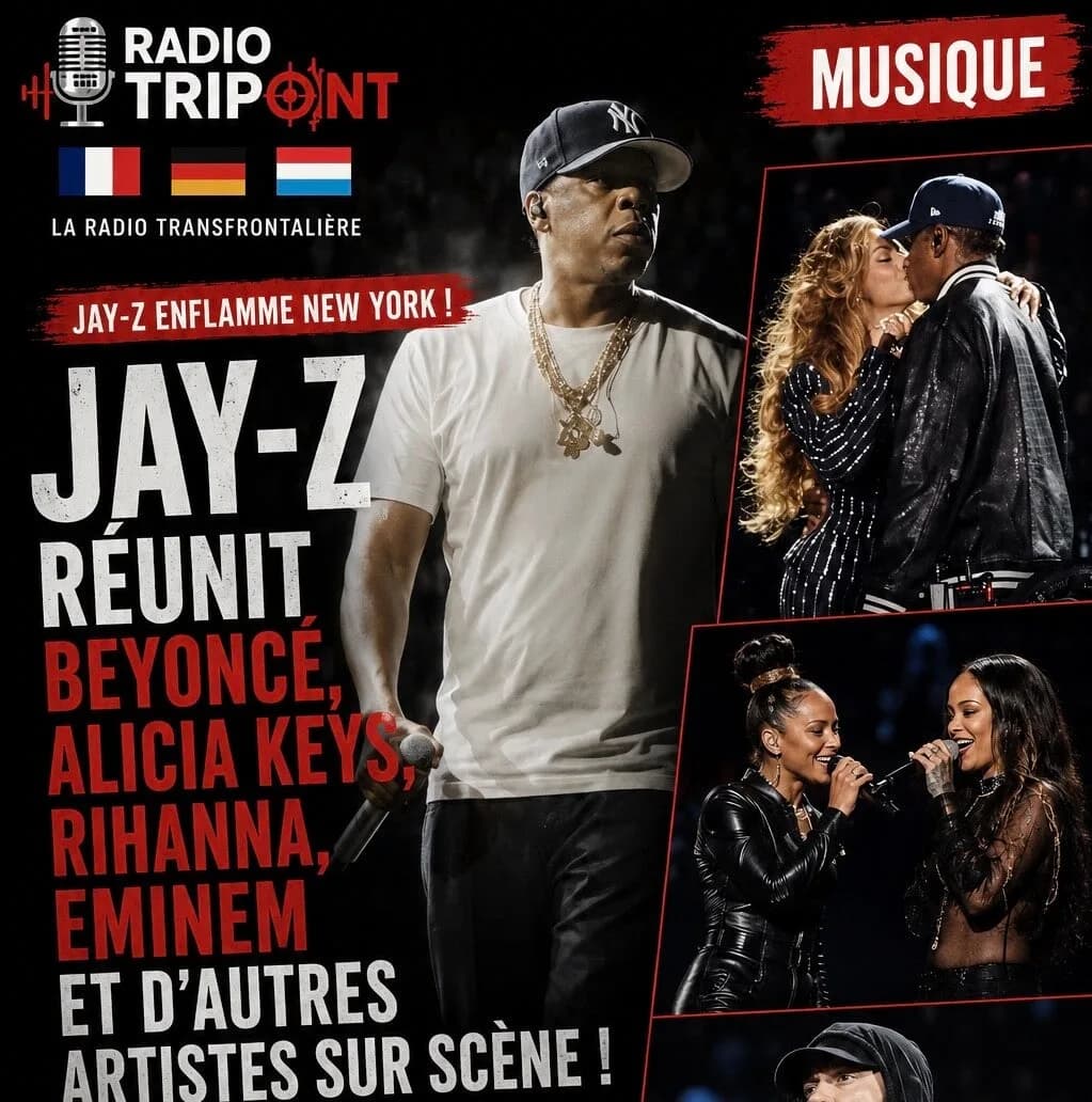 Visuel « Jay-Z réunit Beyoncé, Alicia Keys, Rihanna, Eminem » : un homme en casquette et t-shirt blanc, et des artistes sur scène.