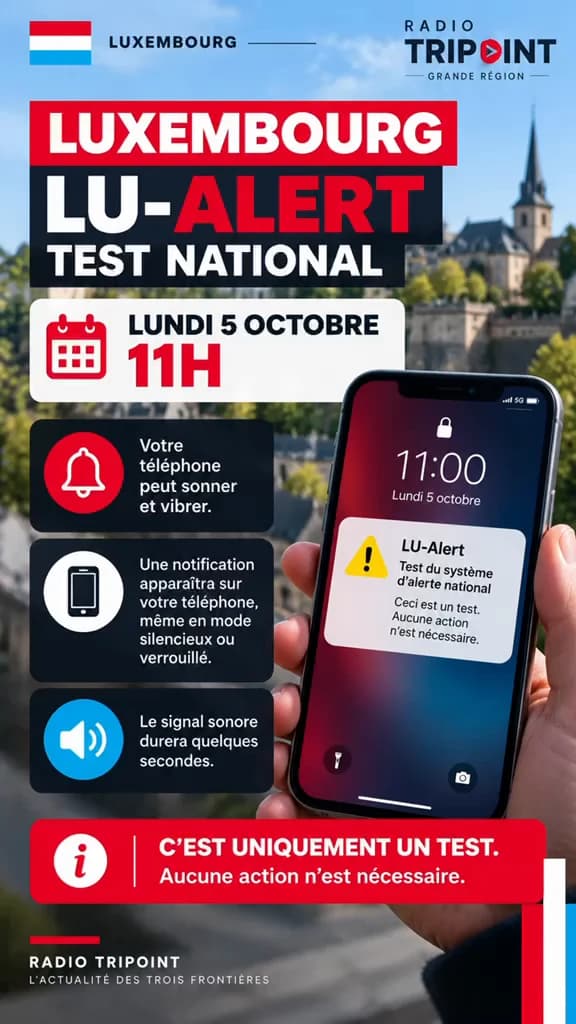 Visuel « Luxembourg, LU-Alert, test national, lundi 5 octobre, 11 h » : un téléphone affiche la notification « Test du système d’alerte national ».