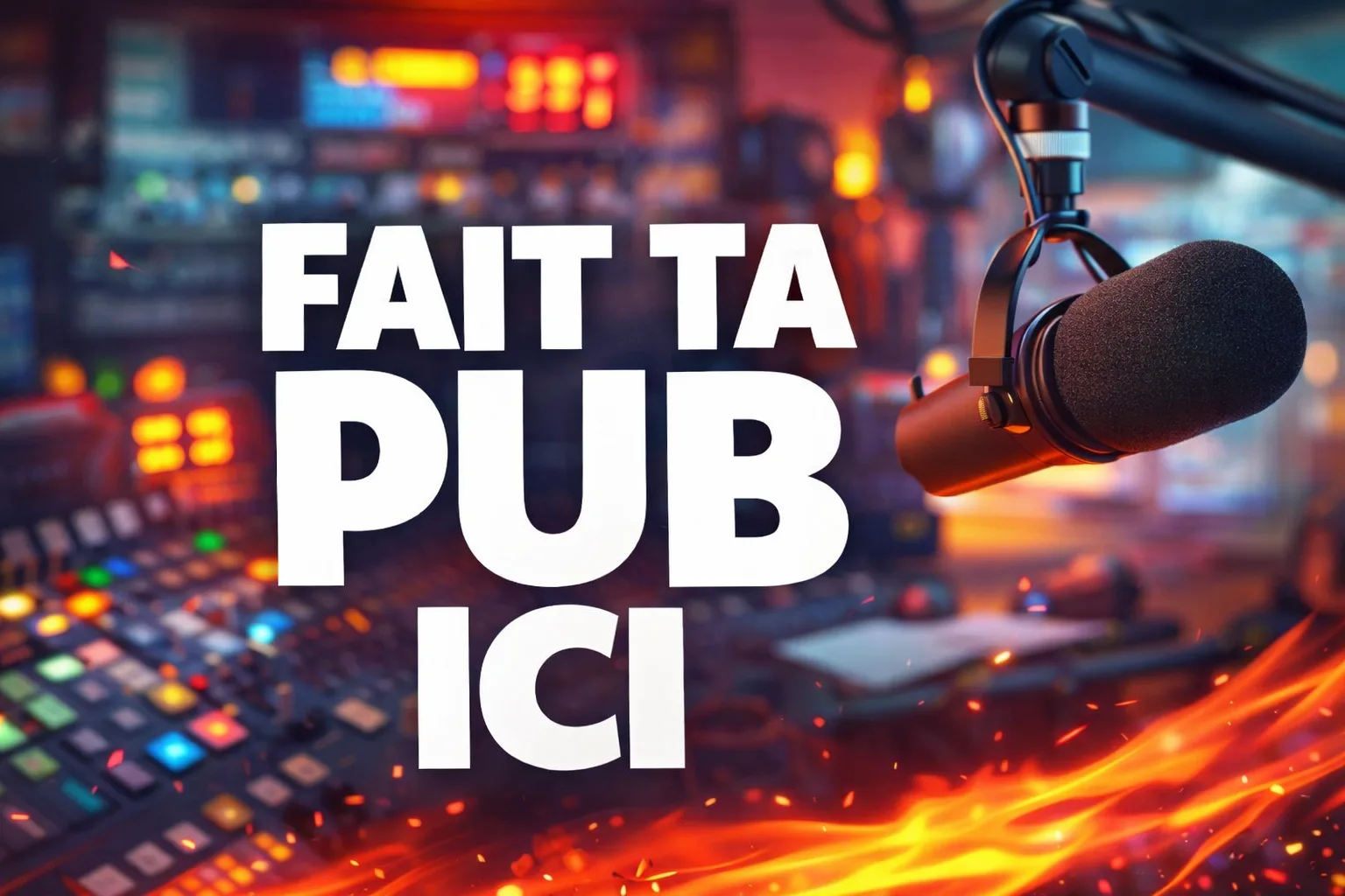 Visuel « Fait ta pub ici » : un micro devant une console de studio radio lumineuse.