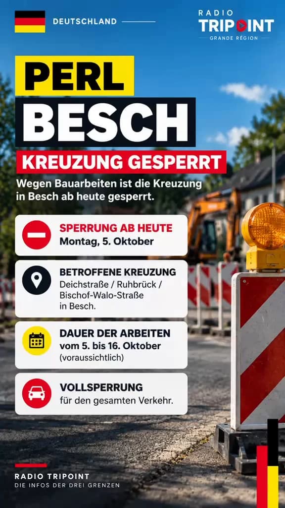 Visuel « Perl, Besch, Kreuzung gesperrt » : des barrières de chantier et une pelleteuse sur une route, avec les dates et le carrefour concerné.