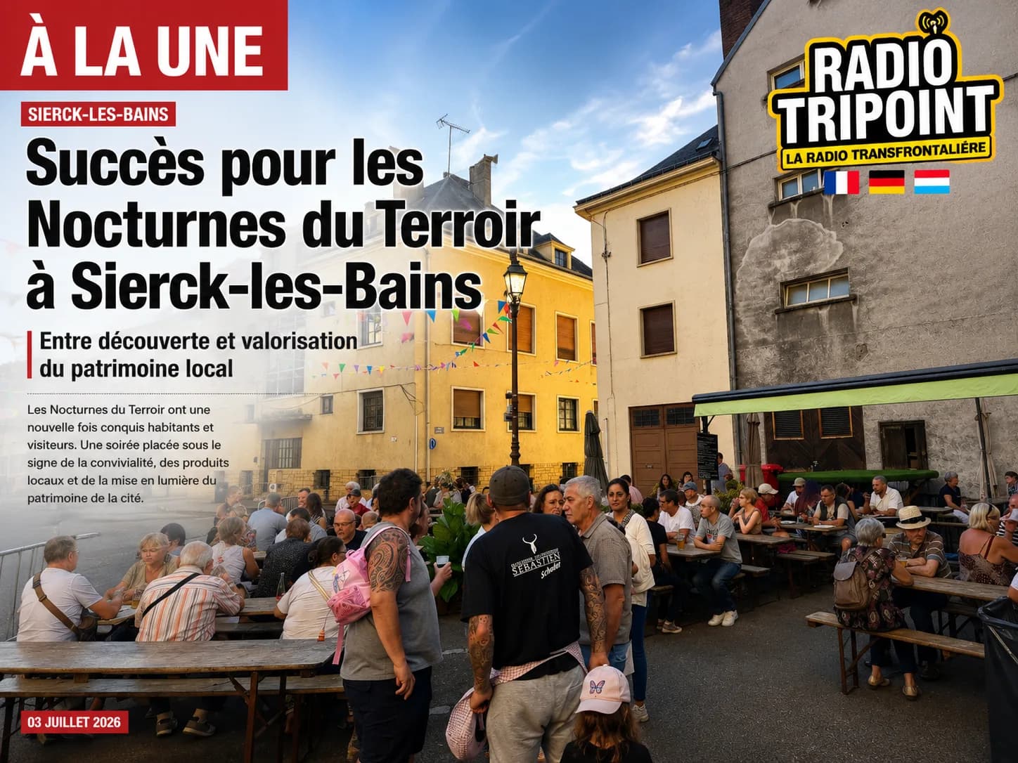 Visuel « Succès pour les Nocturnes du terroir à Sierck-les-Bains » : des gens attablés sur une place entre des maisons anciennes.