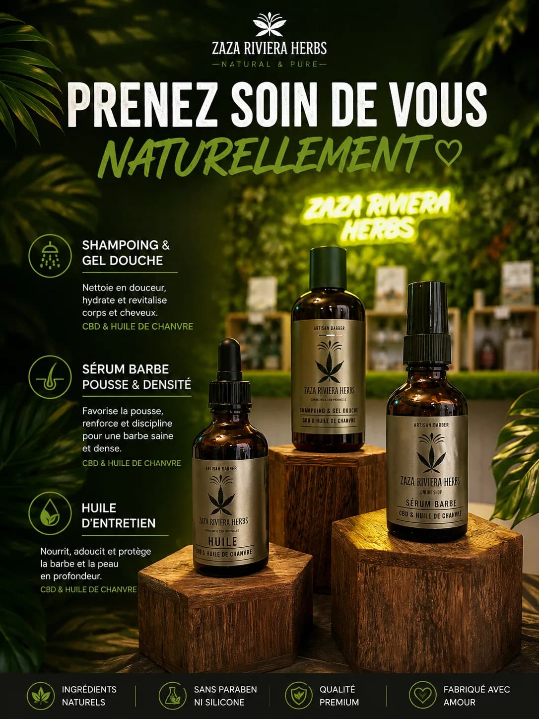 Visuel « Prenez soin de vous naturellement » : trois flacons de soins pour la barbe et le corps posés sur des socles en bois.